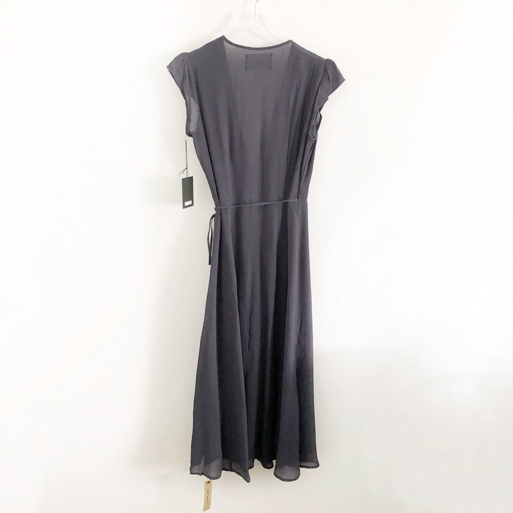 reformation • mollie blue indigo gray cap sleeve tie wrap midi fit flare dress - Picture 7 of 8